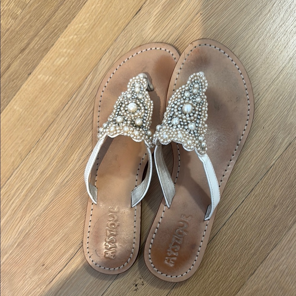 Mystique Boutique Pearl Embellished Sandals - Tan